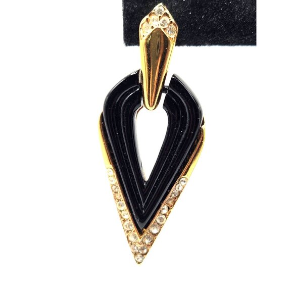 Vintage Oscar de la Renta signed ClipOn Earrings Black Enamel Gold-Tone Crystal - Picture 7 of 7